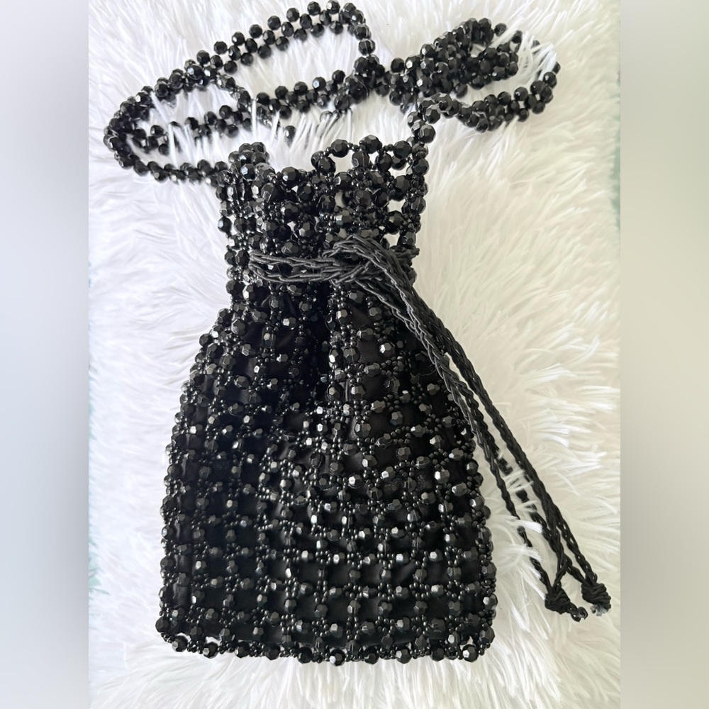 Elegant Vintage Black Beaded Small Night Purse fully lined string closure
